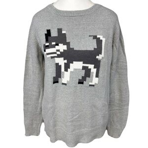Pixel Dog Pullover Gray Knit Sweater Husky Animal Cotton Blend Large